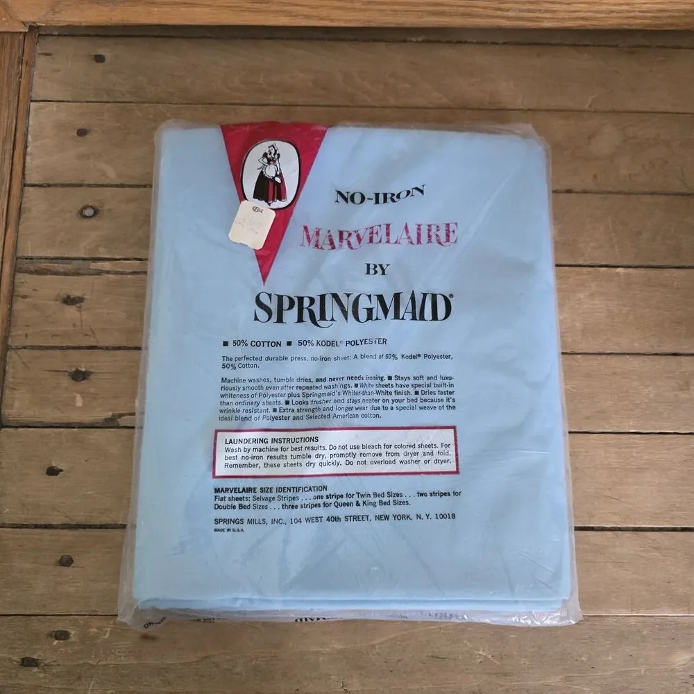 Vintage Marvelaire Springmaid Twin Light Blue Sheet Set Pillowcases No Iron USA